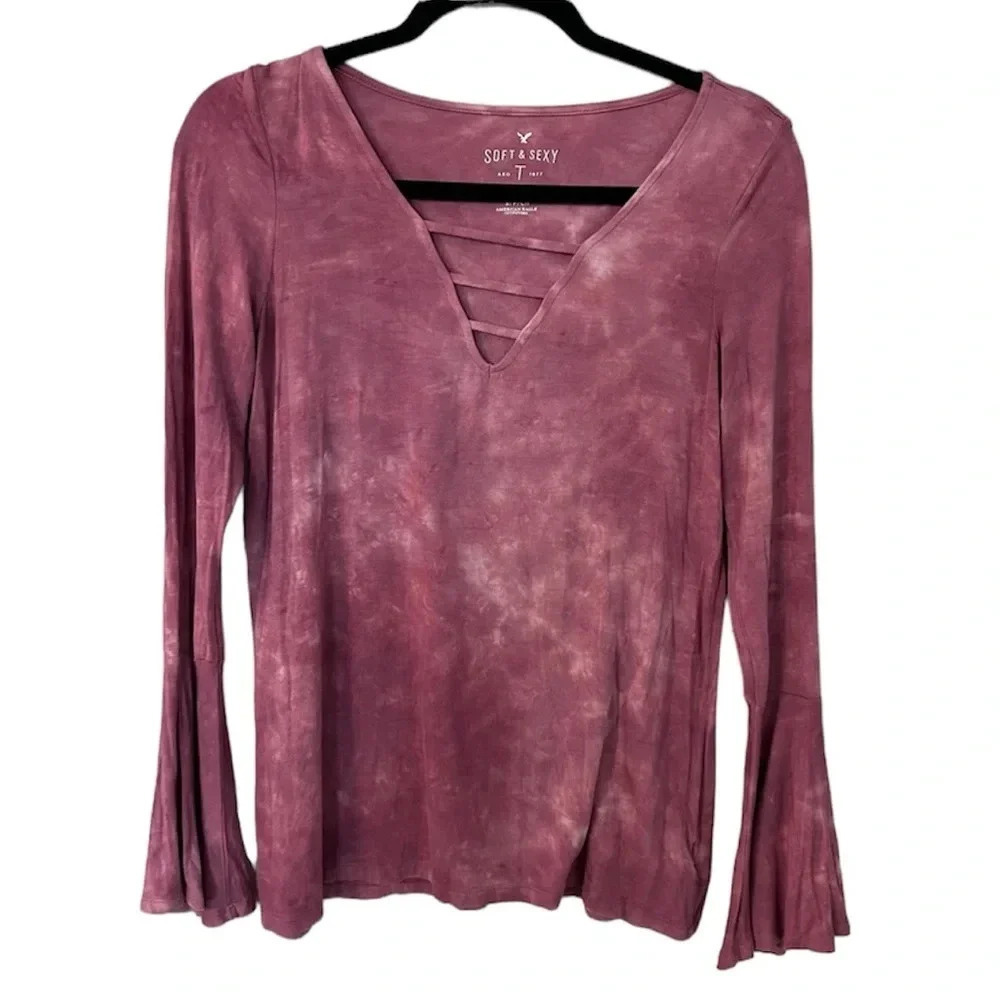 American Eagle Outfitters Soft & Sexy Maroon Long Flutter Sleeve V-Neck Sz S GUC